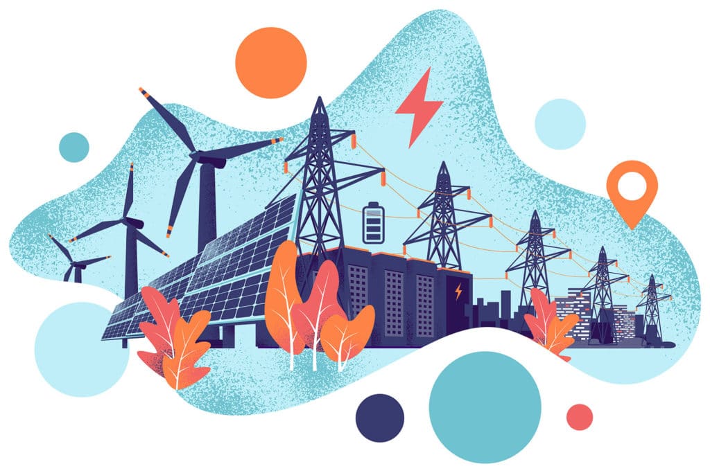 Kuvituskuva, jossa on sähkövoimala, kasveja, aurinko, aurinkopaneeleja ja tuulimyllyjä.