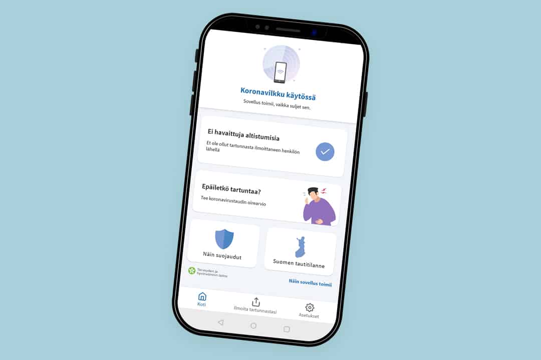 Älypuhelin, jossa on auki koronavilkku-sovellus.