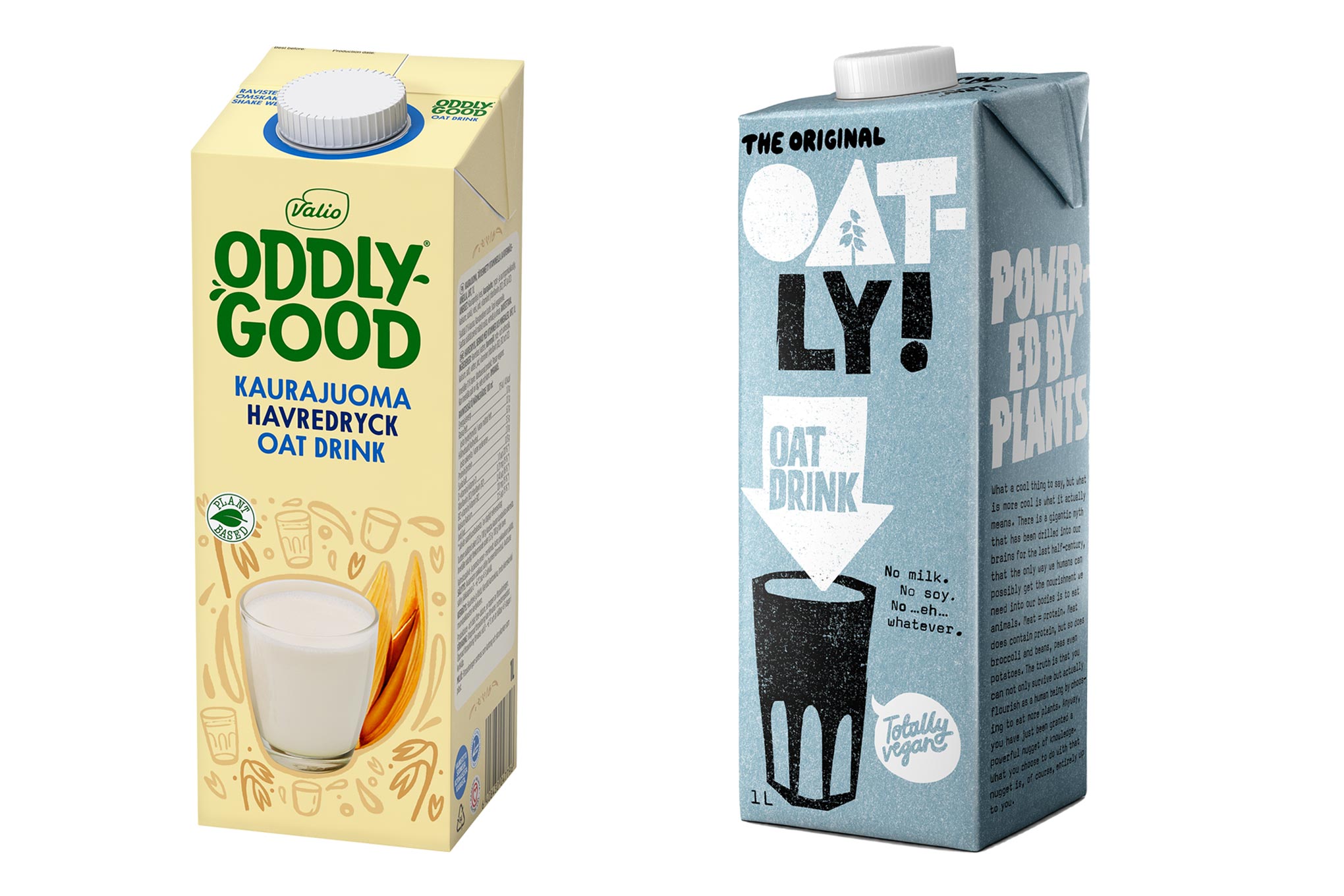 Oddly good- ja Oatly -merkkiset kaurajuomapurkit.
