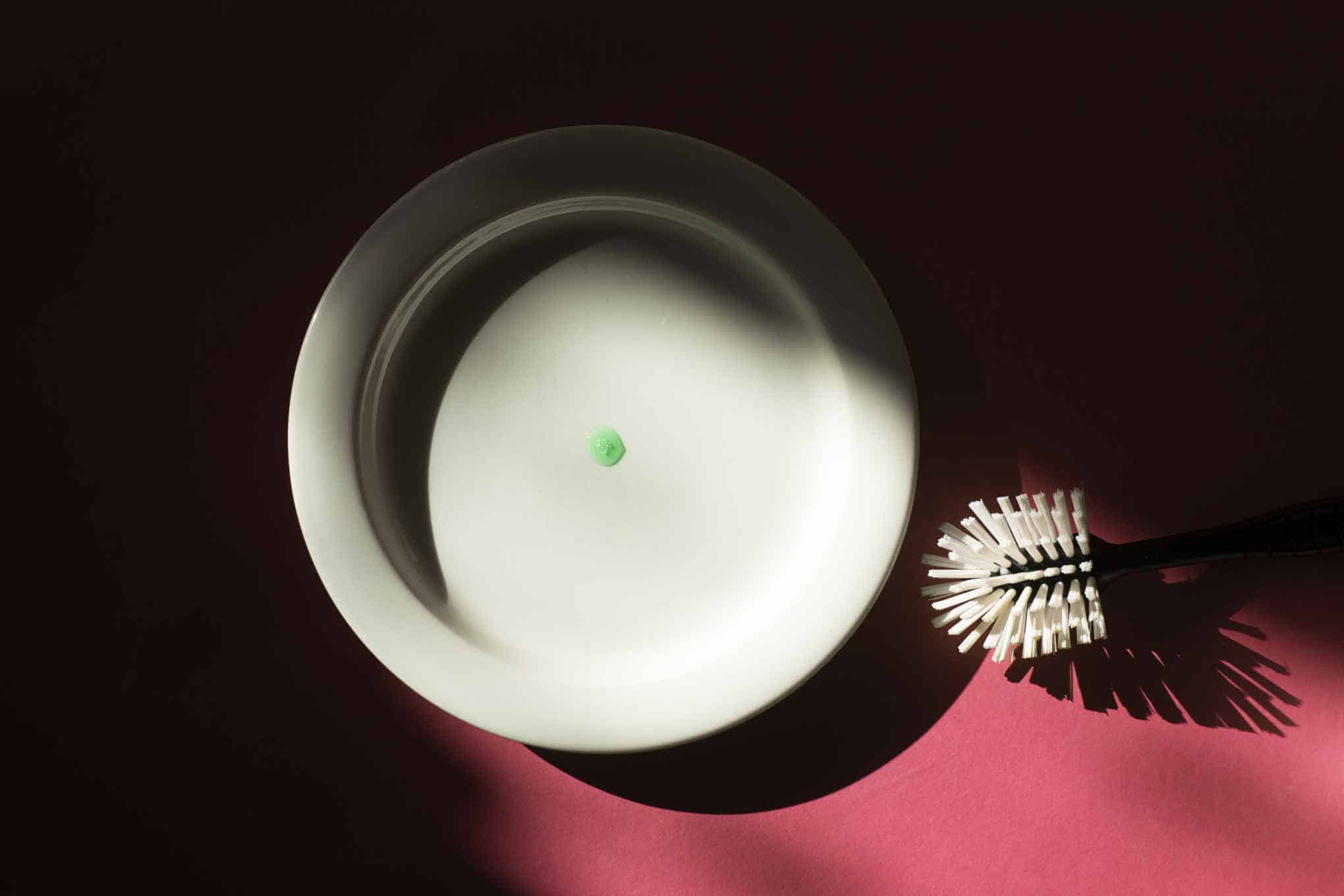 Tiskiharja ja lautanen, jolla on tippa astianpesuainetta.