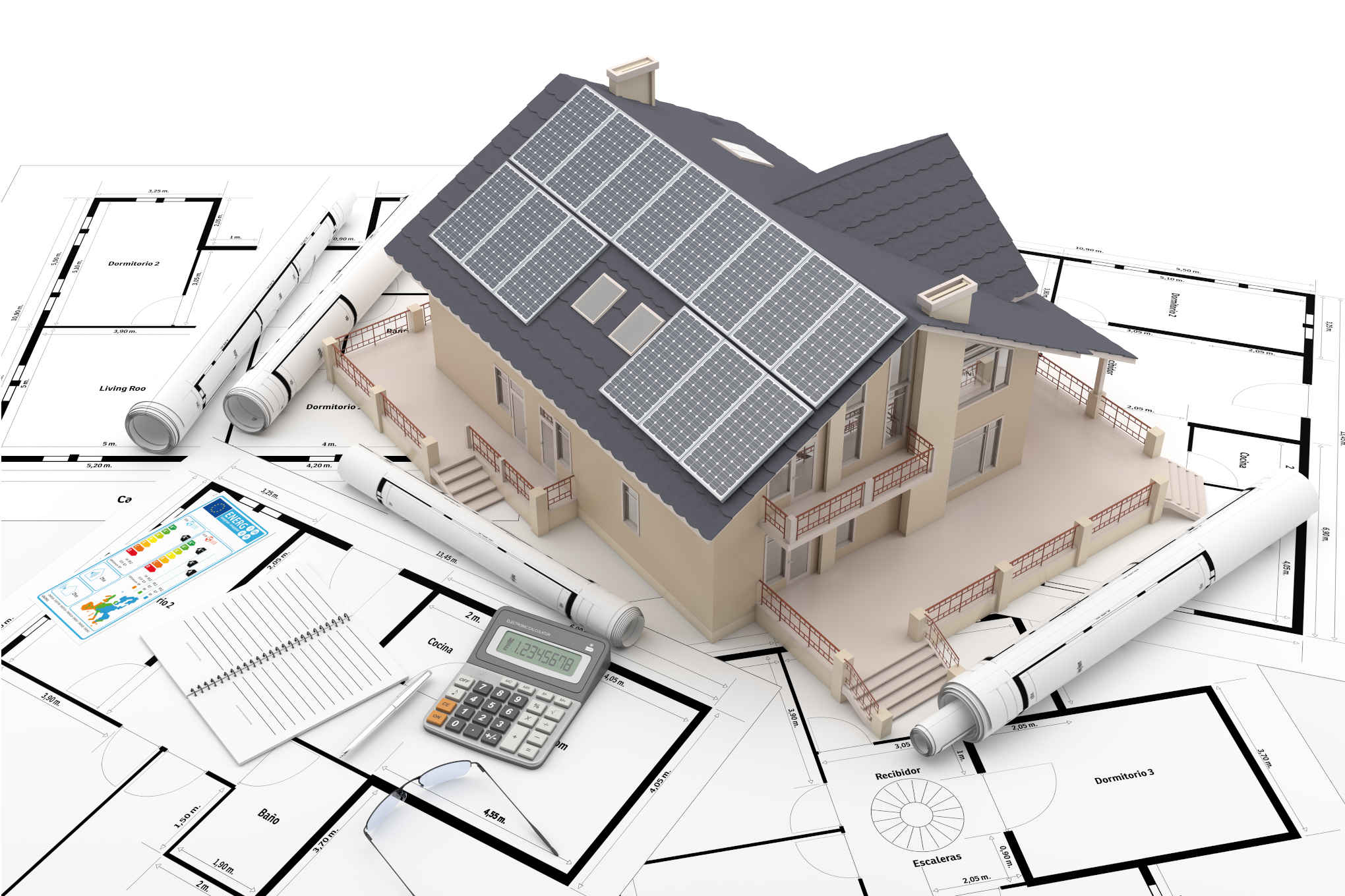 Pienoismalli talosta, jonka katolla on aurinkopaneeleja..