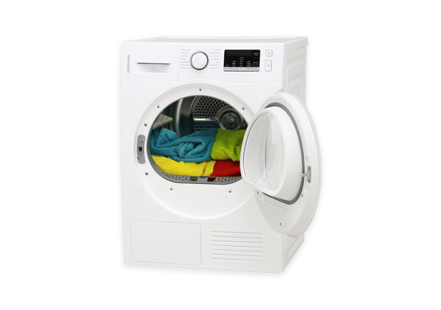 Kuivausrumpu, jonka sisällä on pyykkiä.