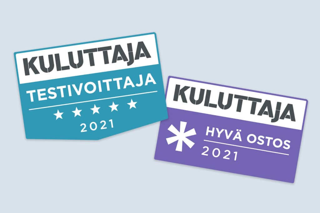 Kuluttajan testivoittaja- ja Hyvä ostos -merkit.