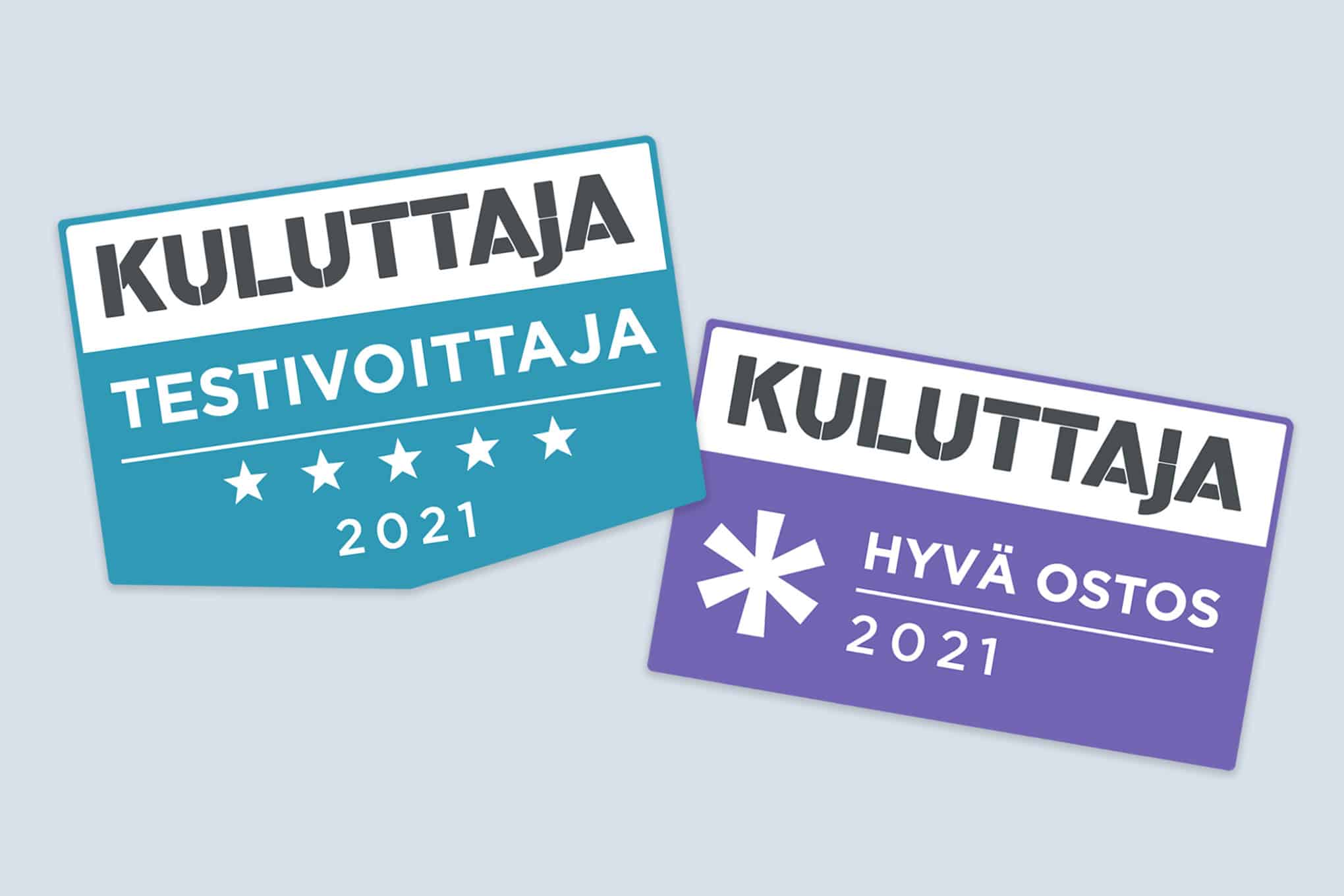 Kuluttajan testivoittaja- ja Hyvä ostos -merkit.