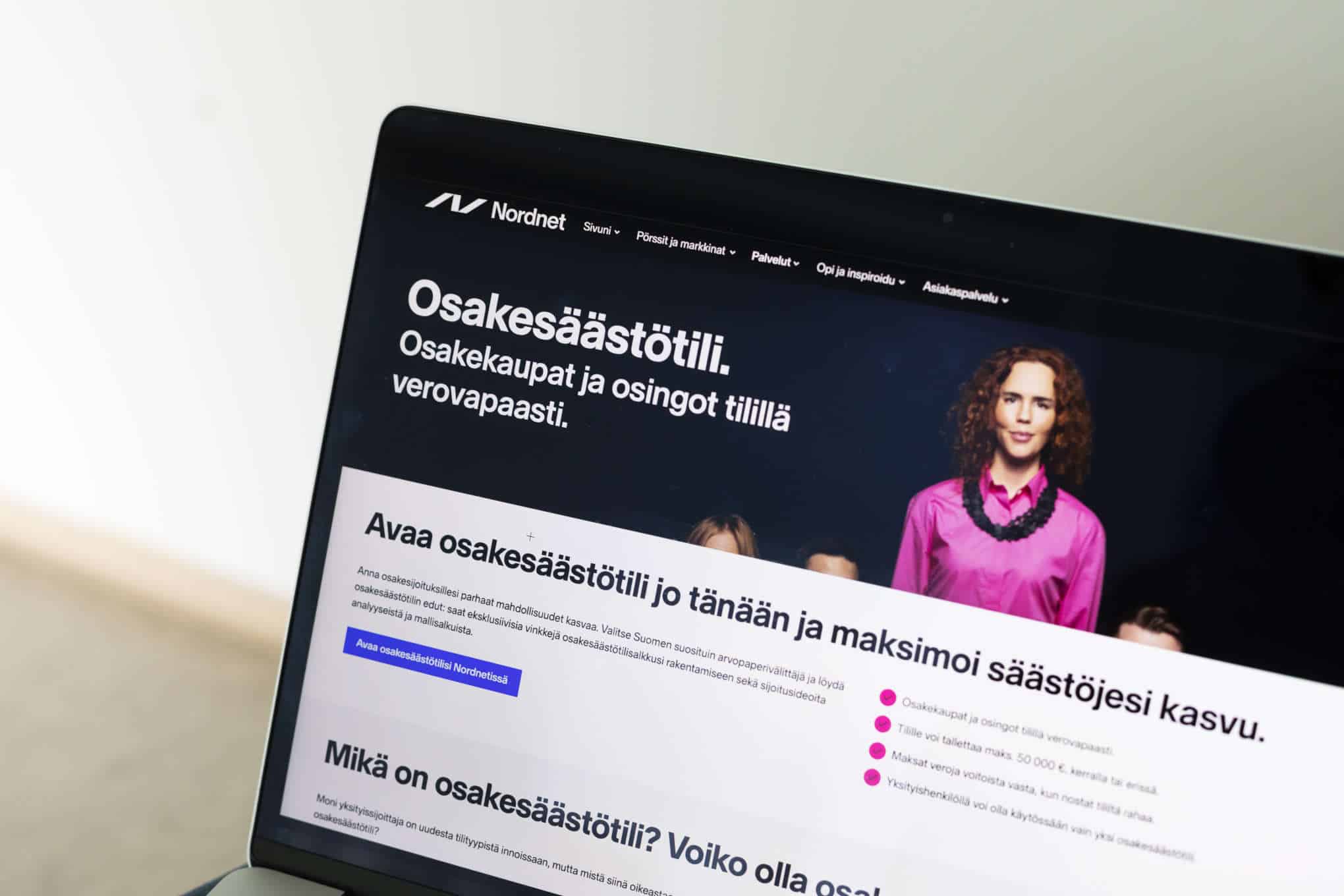 Nordnetin nettisivut tietokoneen näytöllä.