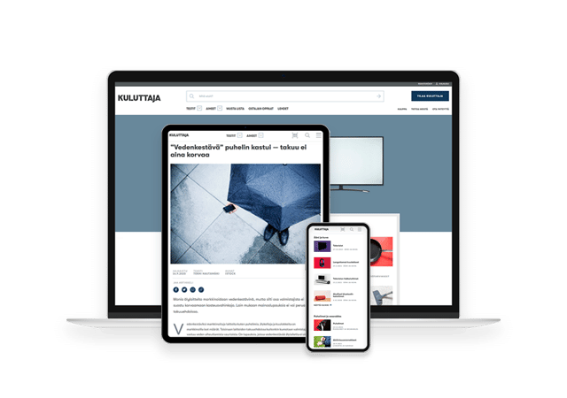 Kuluttajan digisisältöjä tietokoneen, tabletin ja puhelimen ruuduilla.