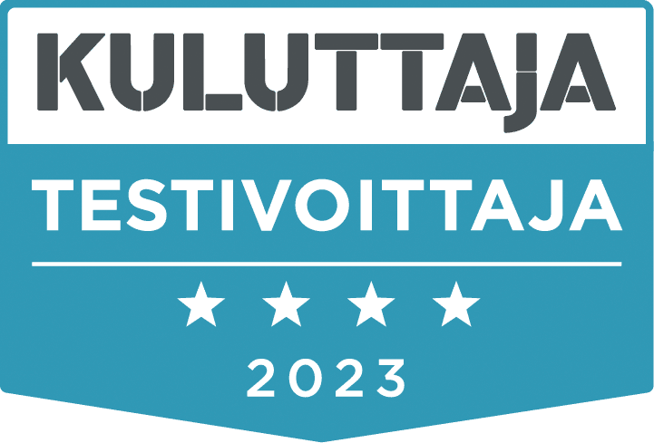 Kuluttajan Testivoittaja 2023 -merkki, 4 tähteä.