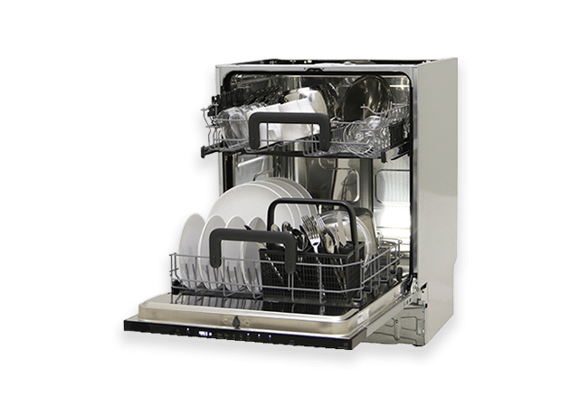 Auki oleva astianpesukone, jonka sisällä on puhtaita astioita.