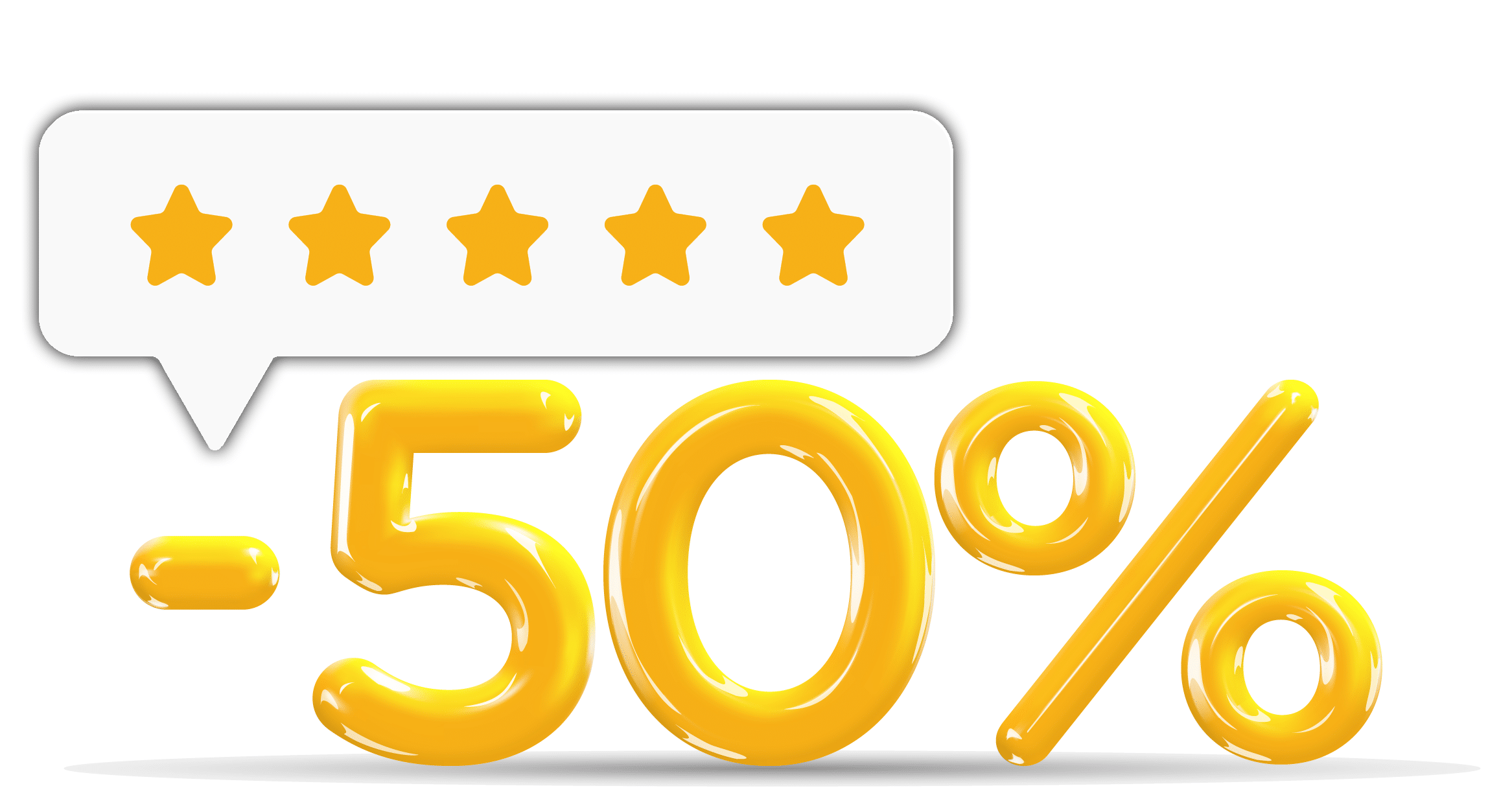 -50% -merkki ja puhekupla, jossa on viisi tähteä.