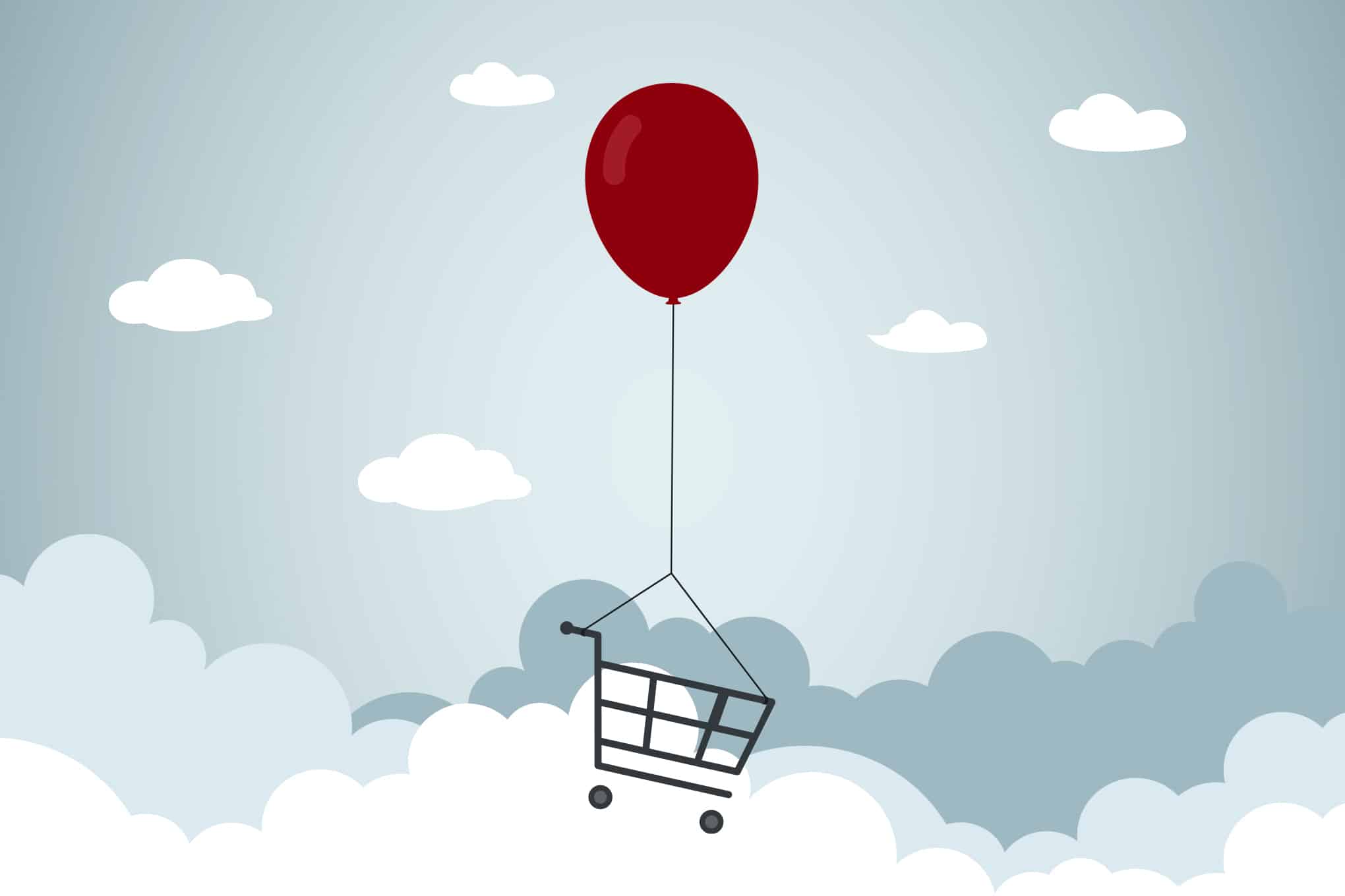 Piirretty kuva, jossa ilmapallo kannattelee ilmassa olevaa ostoskärryä.