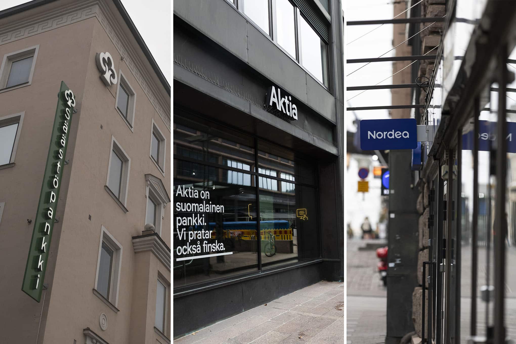 Kuva säästöpankin, Aktian ja Nordean konttoreista.