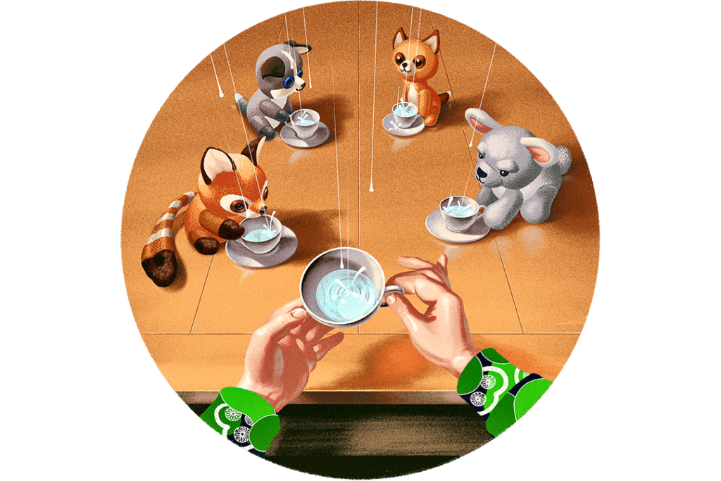 Katto vuotaa ja vesipisarat tippuvat kuppeihin.