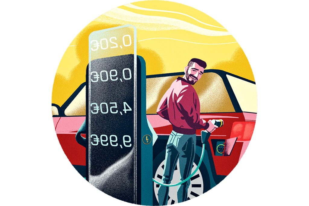 Piirretty kuva henkilöstä lataamassa sähköautoa, ja latauksen hinnastoa kuvaava taulukko.