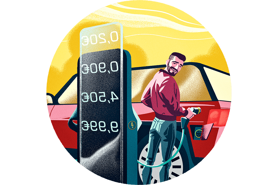 Piirretty kuva henkilöstä lataamassa sähköautoa, ja latauksen hinnastoa kuvaava taulukko.