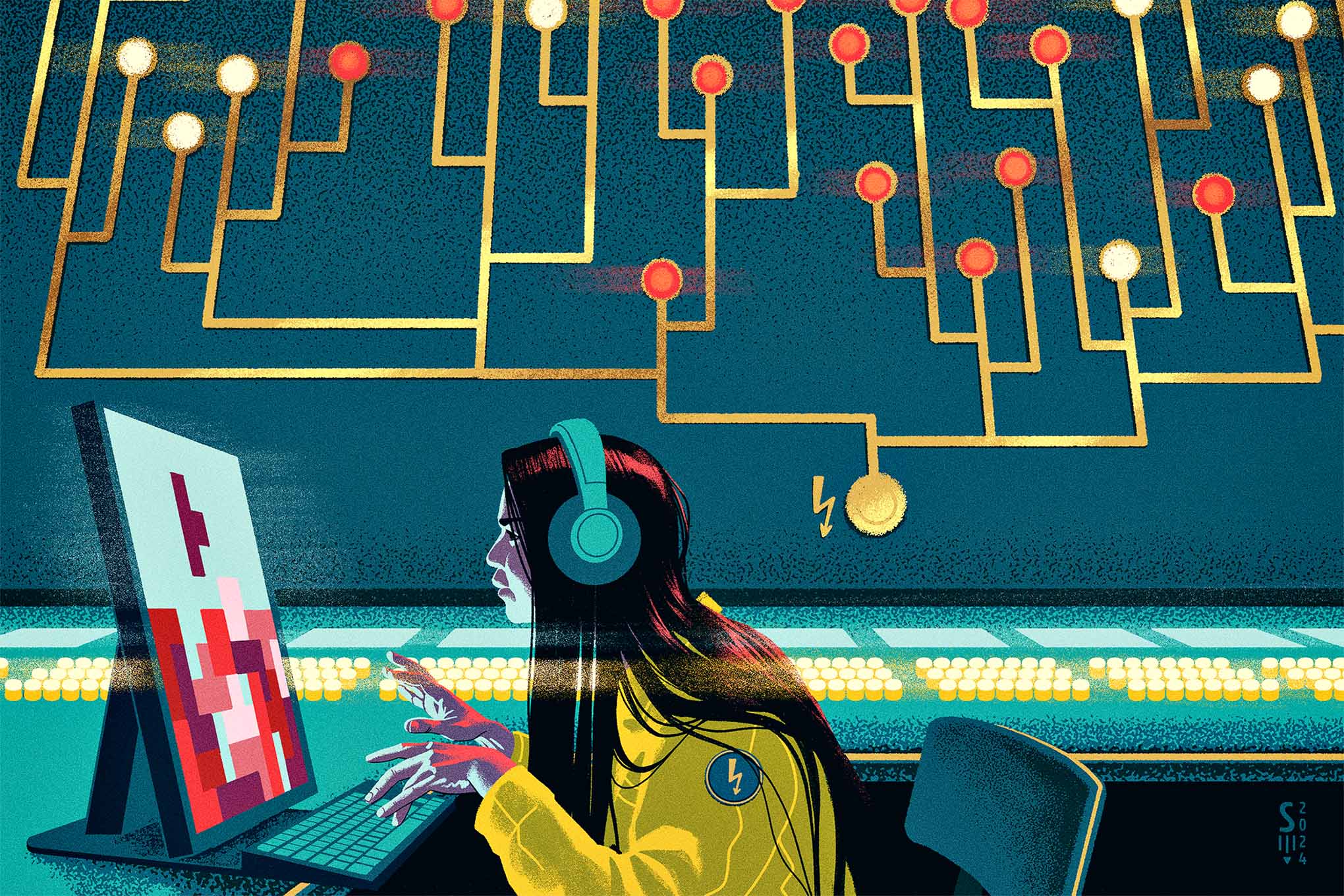 Piirretty kuva henkilöstä käyttämässä tietokonetta. Taustalla näkyy erilaisia nappuloita, painikkeita ja merkkivaloja.