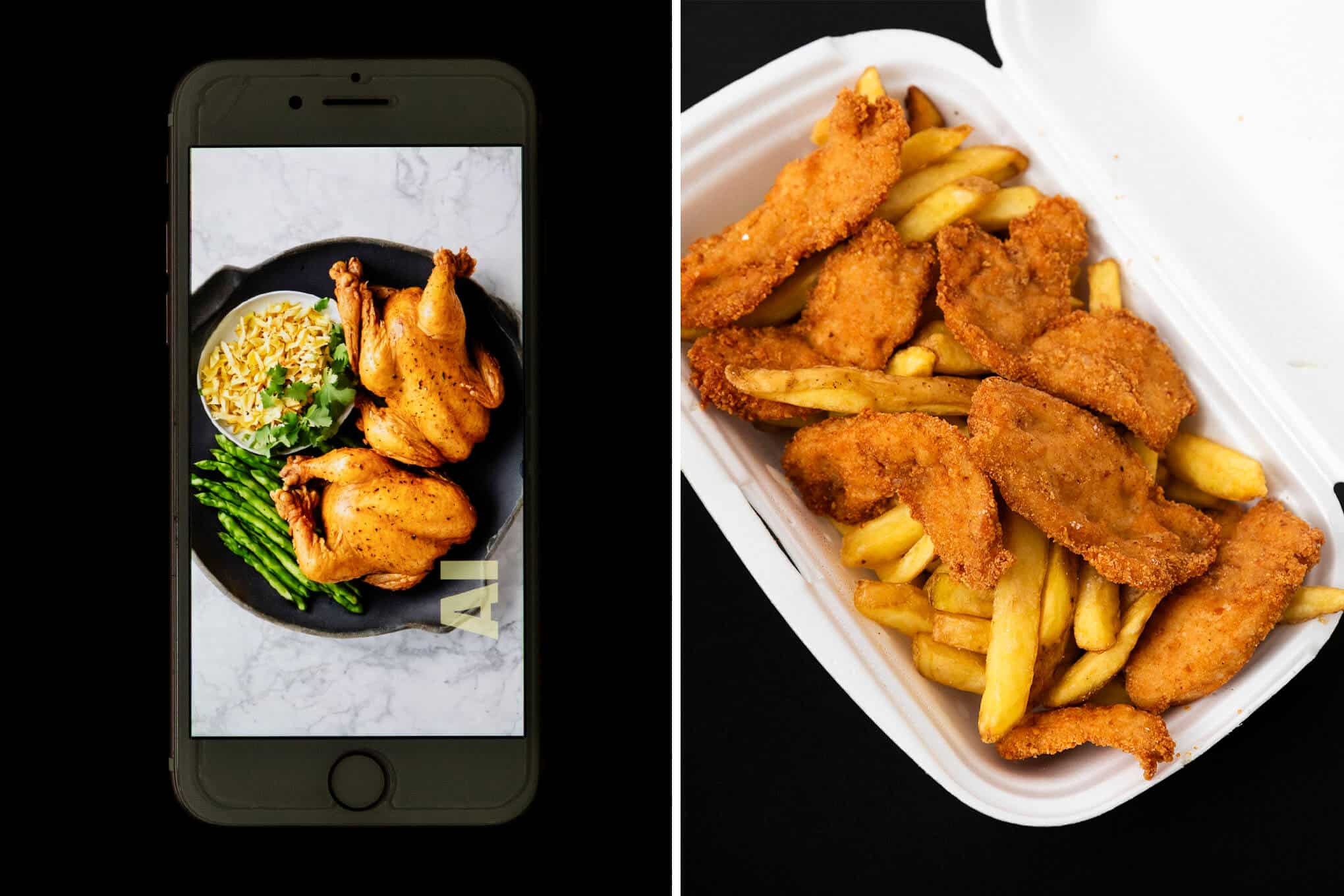 Tekoälyllä luotu kuva kana-annoksesta ja kuva todellisesta annoksesta.