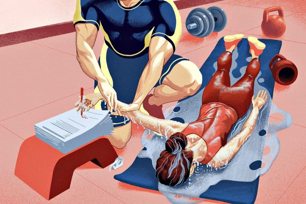 Piirroskuva, jossa personal trainer ohjeistaa asiakasta.