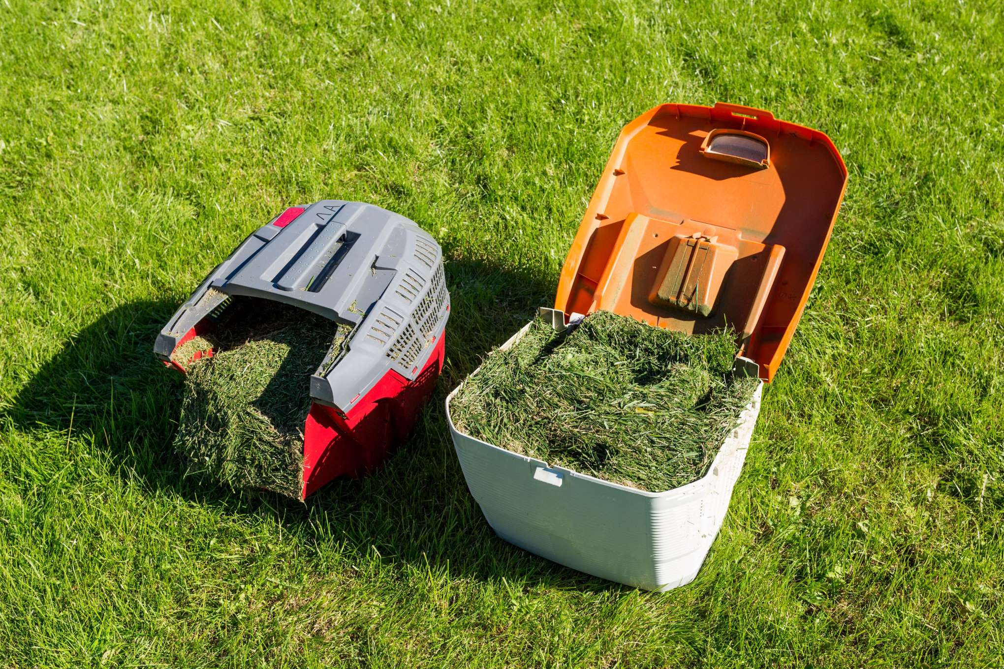 Ruohonleikkuri ja ruohonleikkurin säiliö, joka on täynnä ruohoa.