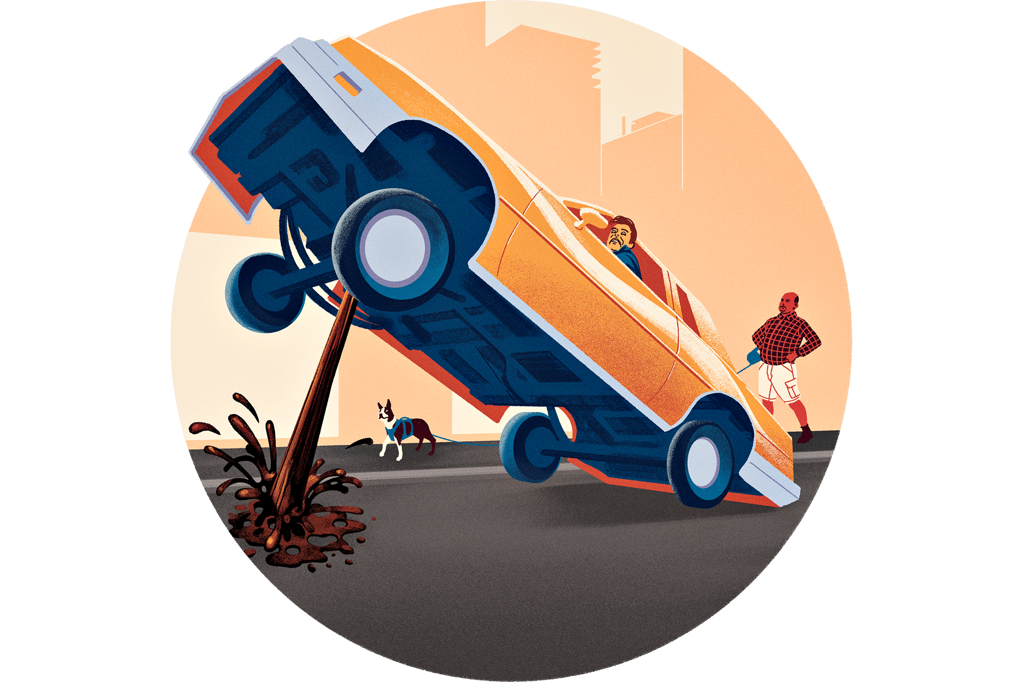 Kuvituskuva autosta, jonka pohjasta valuu öljyä.