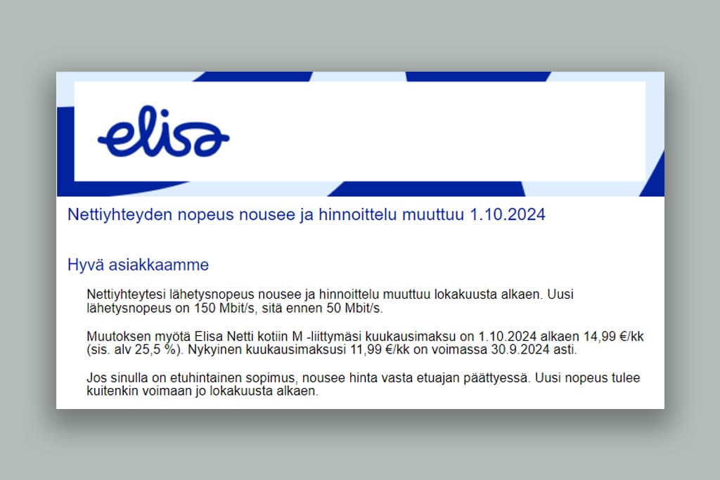 Kuvakaappaus Elisan ilmoituksesta nettiyhteyden hintaan ja nopeuteen liittyen.