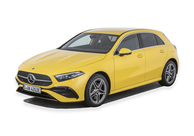 Keltainen Mercedes-merkkinen henkilöauto.