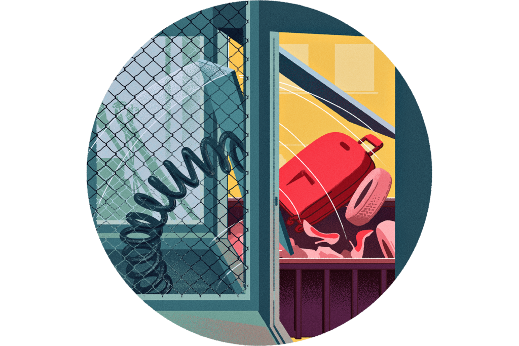 Kuvituskuva kellarivarastosta, josta lentää tavaroita roskalavalle.