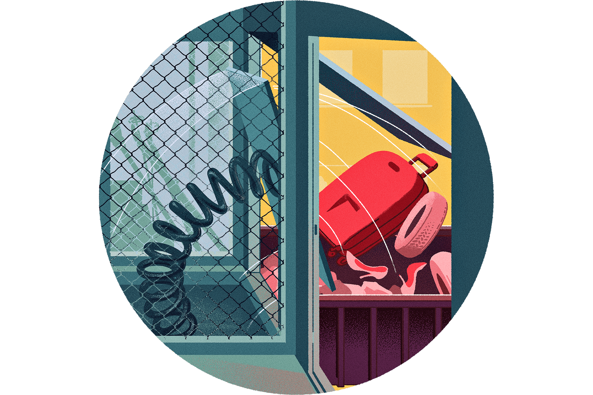 Kuvituskuva kellarivarastosta, josta lentää tavaroita roskalavalle.