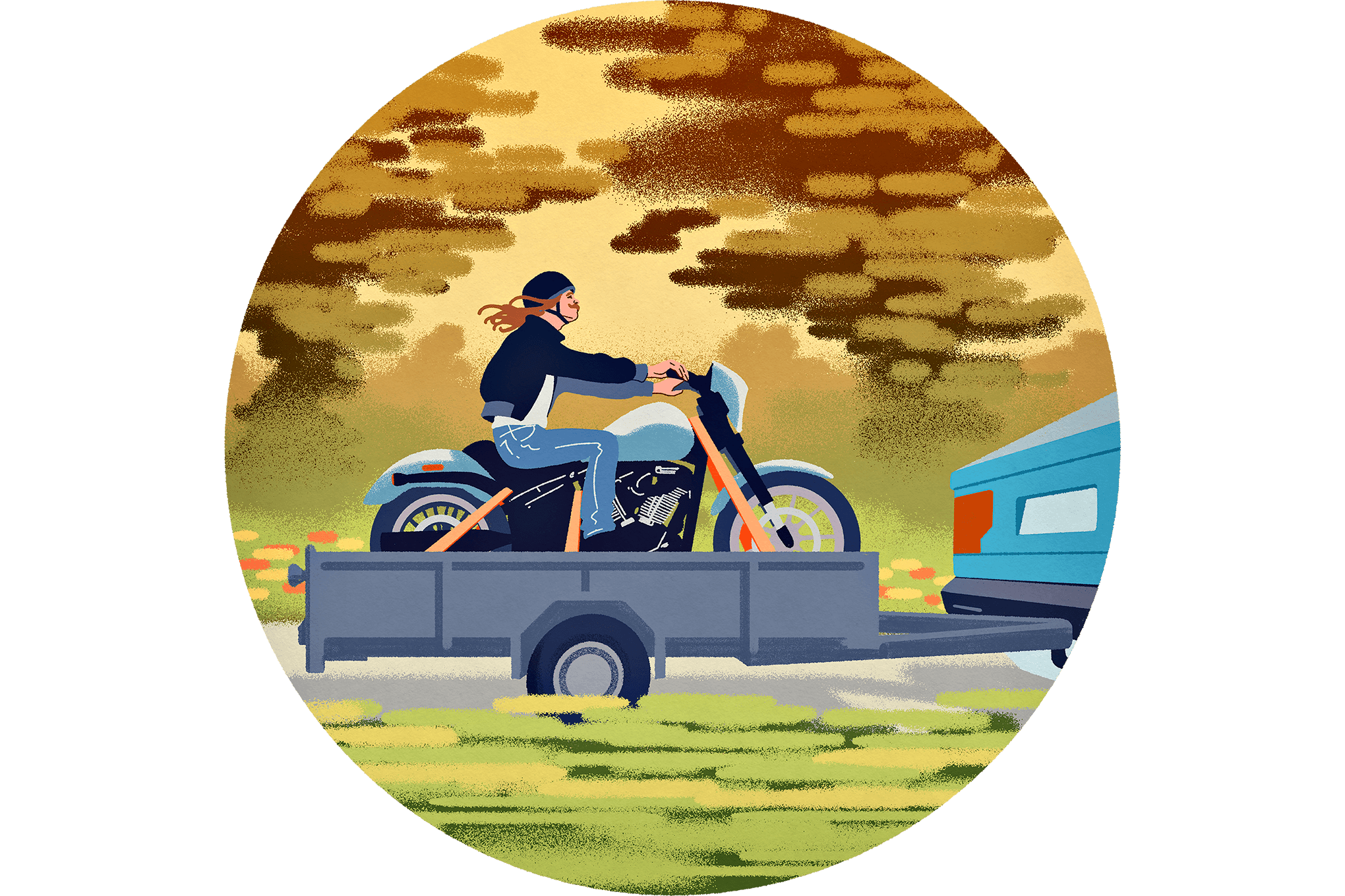 Piirroskuva autosta, joka vetää peräkärryä. Peräkärryssä on moottoripyörä, jonka päällä istuu henkilö.