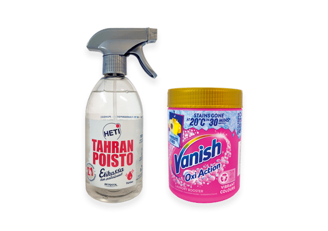 Heti- ja Vanish-merkkiset tahranpoistoainepakkaukset.