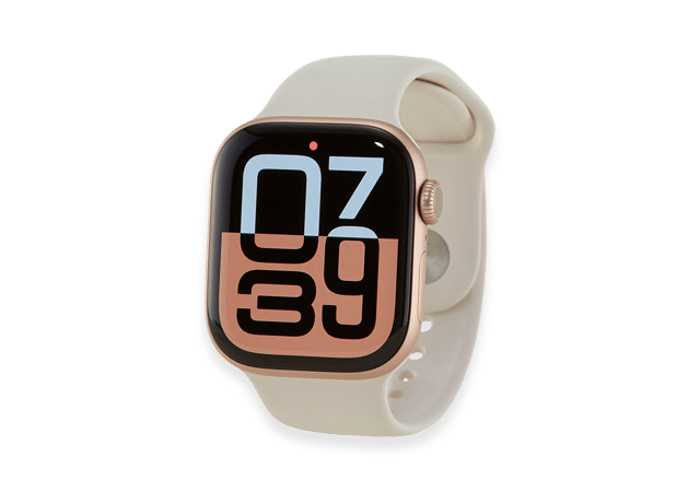 Älykello vaalealla rannekkeella.