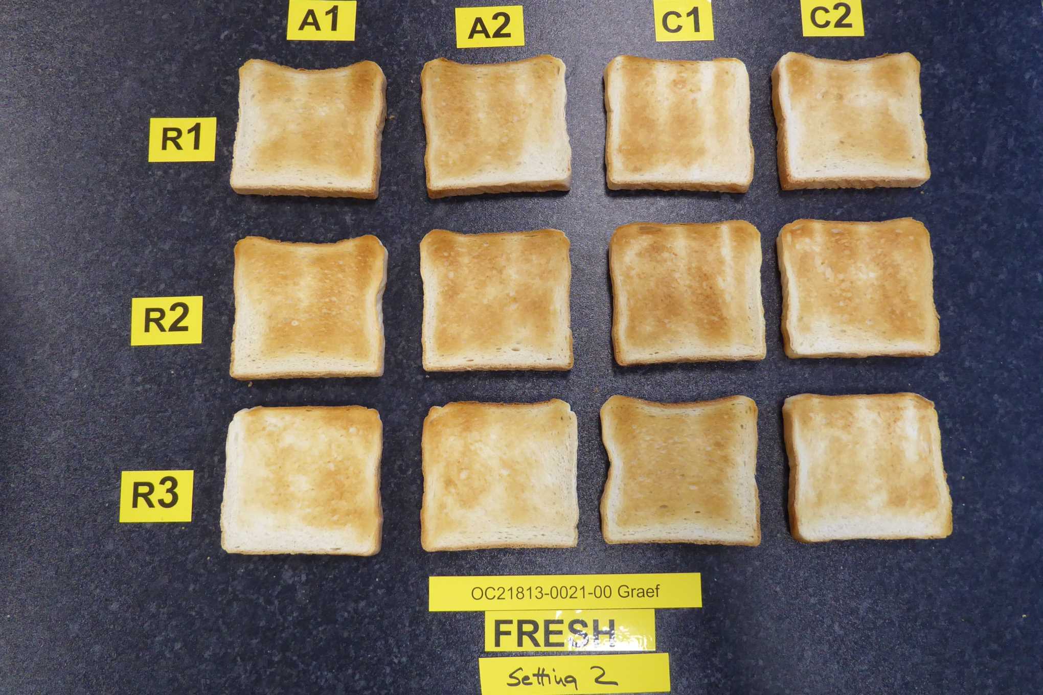 12 paahdettua paahtoleipäpalaa ja keltaisia lappuja, joissa on numeroita ja tekstiä.