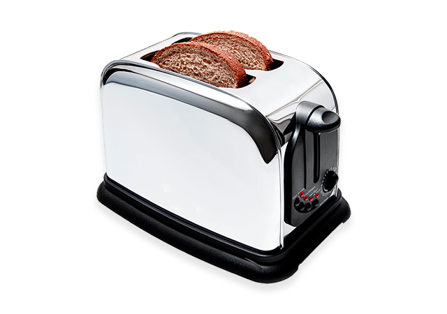 Hopeinen leivänpaahdin, jonka sisällä on kaksi paahtoleipäviipaletta.