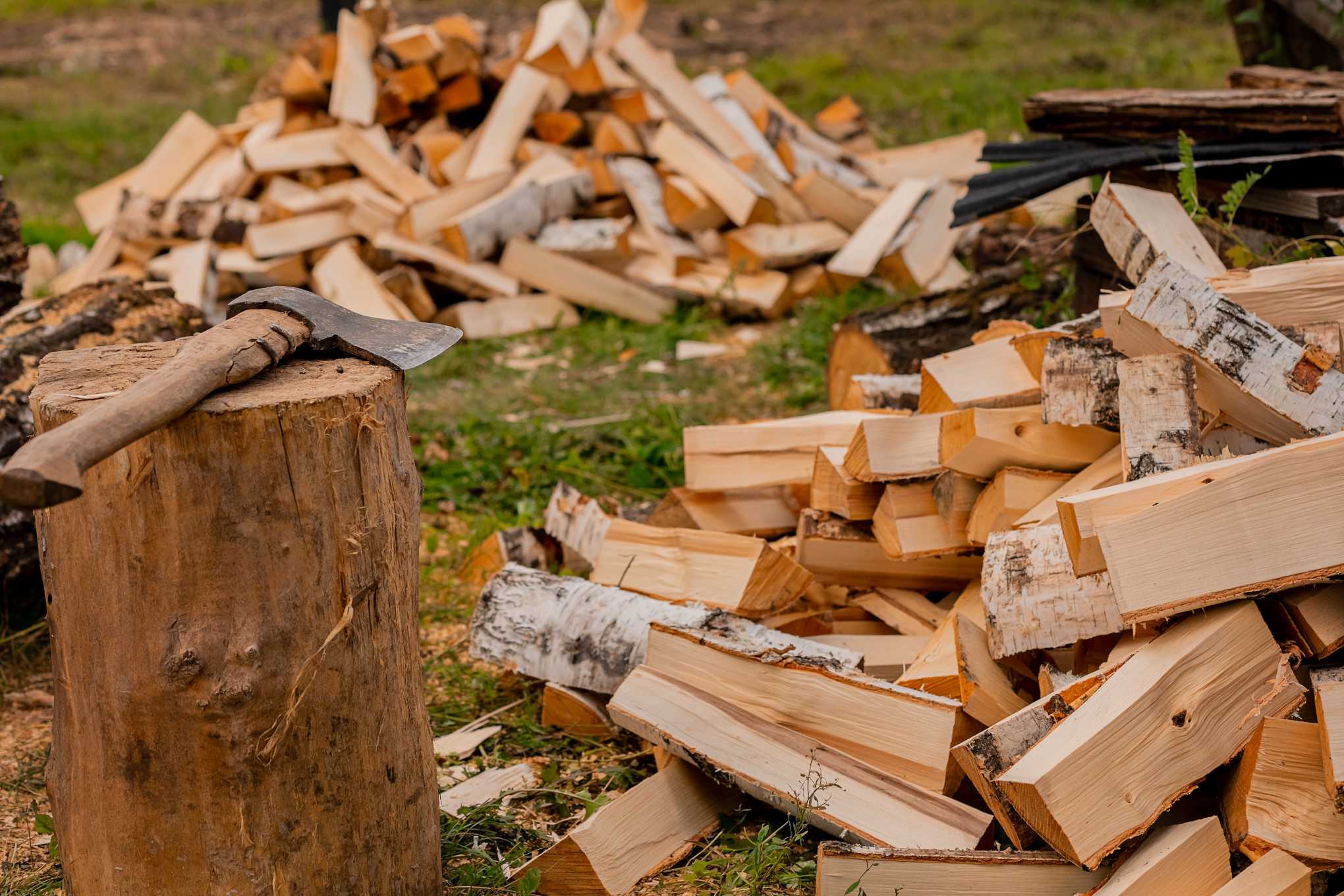 Polttopuita, kanto ja kirves.