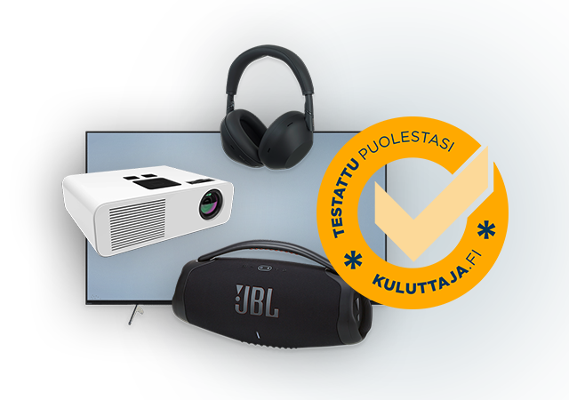 Televisio, projektori, kuulokkeet ja kaiutin.