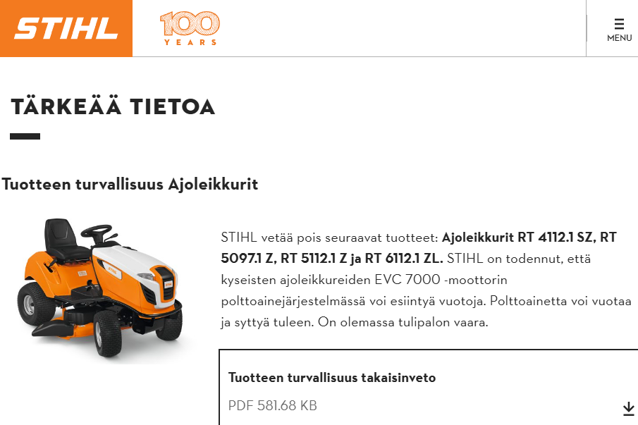 Päältä ajettavia Stihl-ruohonleikkureita vedetään pois myynnistä.