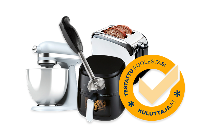 Yleiskone, sauvasekoitin, airfryer ja leivänpaahdin.
