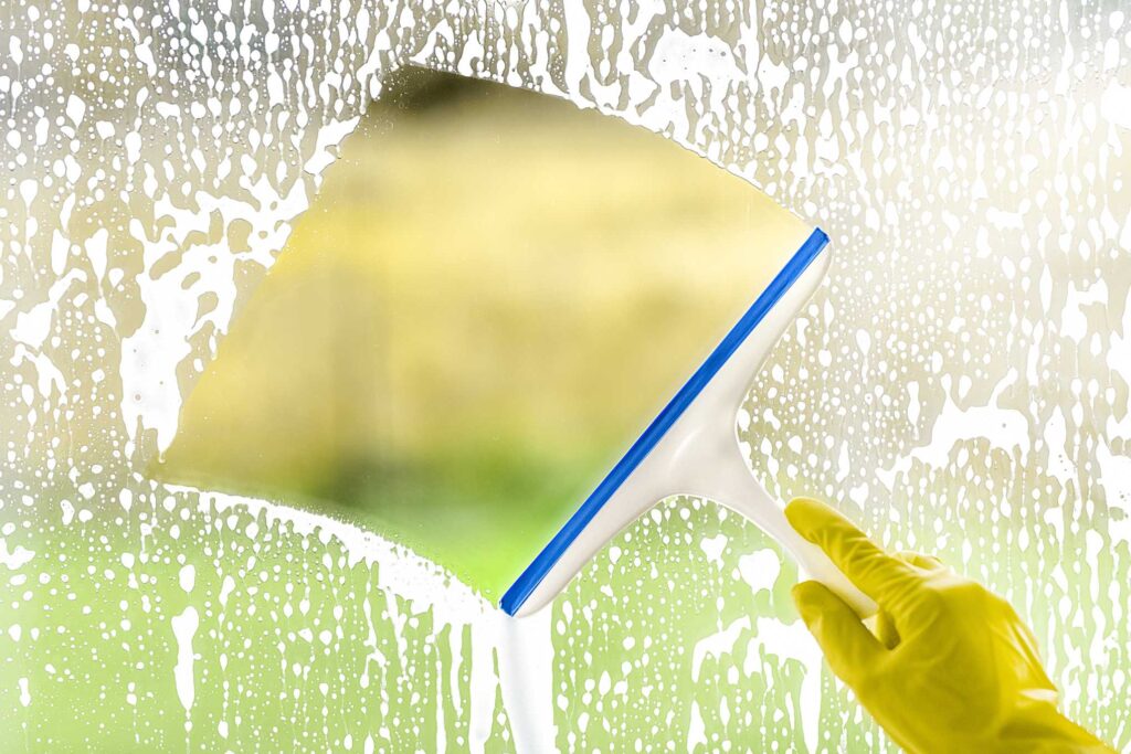 Ikkunaa pyyhitään pesulastalla.