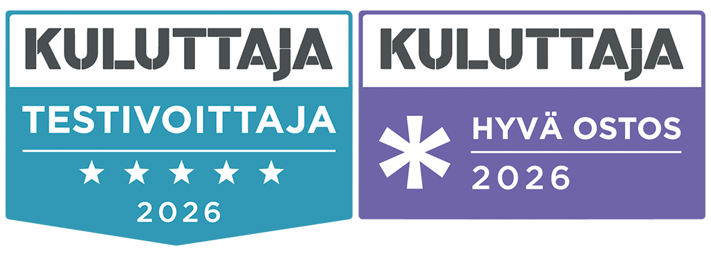 Testivoittaja- ja Hyvä ostos -merkit.